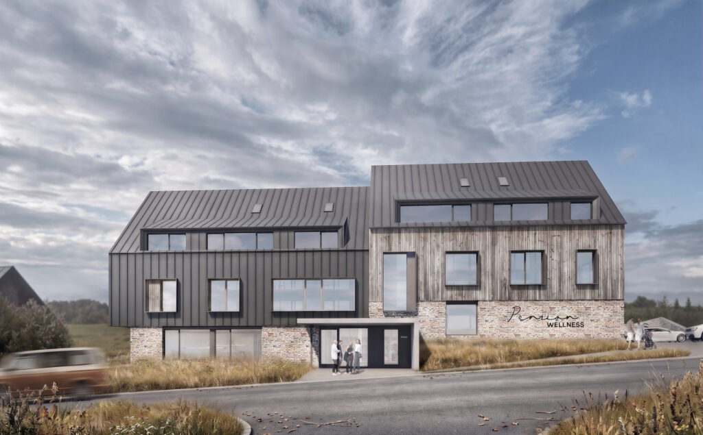 Architektonická vizualizace exteriéru moderního wellness penzionu Muláčkovi, Boží Dar. Návrh od ateliéru orchitekti kombinuje tmavý plech, dřevěný obklad a svorový sokl (vizualizace využívá AI textury).