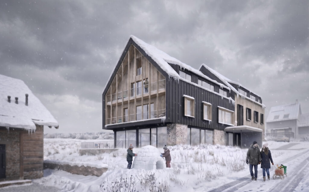 Architektonická vizualizace zimního exteriéru moderního penzionu, Boží Dar. Budova od orchitekti se vyznačuje kontrastem světlého vertikálního dřeva a tmavé plechové fasády s dřevěnými ostěními oken, stojící na přiznaném kamenném soklu pokrytém sněhem .