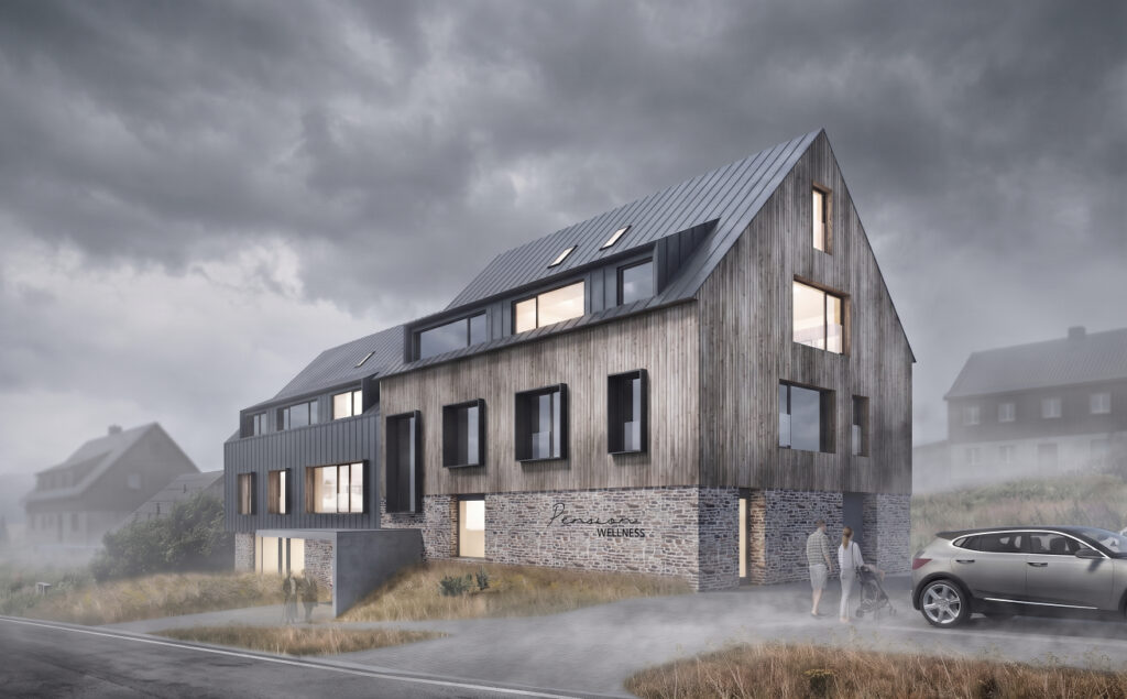 Architektonická vizualizace exteriéru wellness penzionu, Boží Dar. Návrh ateliéru orchitekti v podvečerní atmosféře ukazuje kontrastní fasádu kombinující tmavý plech a vertikální dřevěný obklad. Budova stojí na masivním kamenném soklu s nápisem. Charakteristickým prvkem jsou předsazené tmavé okenní rámy a prosvětlený interiér.