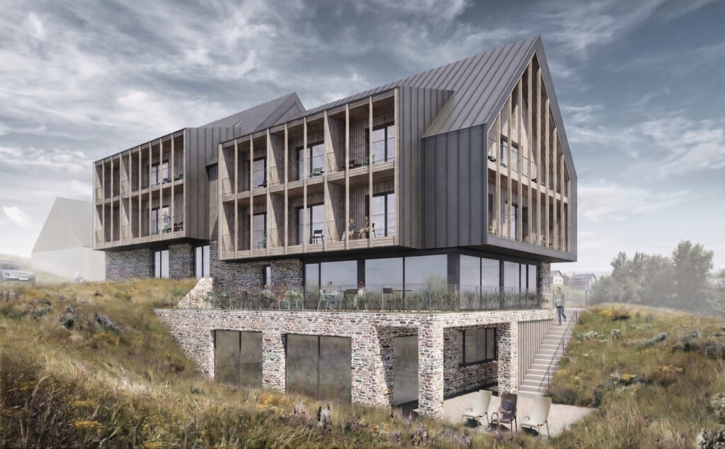 Architektonická vizualizace exteriéru wellness penzionu, Boží Dar. Návrh od ateliéru orchitekti je zasazený do svahu na masivním kamenném základě s prostornou terasou. Samotná budova kombinuje tmavé plechové opláštění s výraznými dřevěnými lodžiemi, spodní patro je bohatě prosklené .
