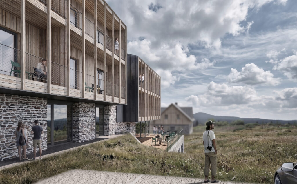 Architektonická vizualizace exteriéru wellness penzionu, Boží Dar. Detailní pohled na návrh od ateliéru orchitekti ukazuje výraznou strukturu dřevěných lodžií v patře a masivní kamenný obklad s velkými okny v přízemí. Jednotlivé části budovy plynule propojuje tmavý plech .