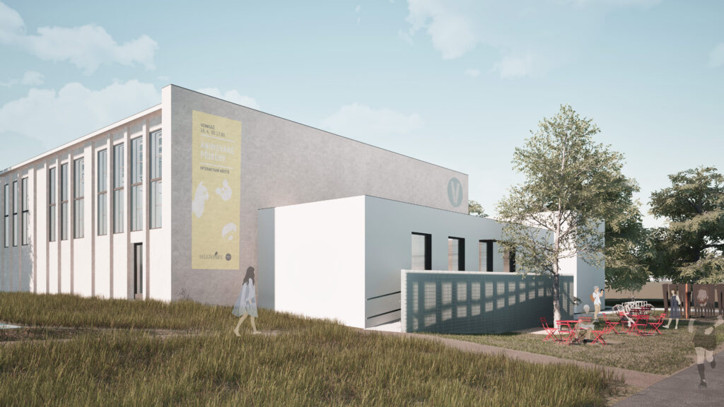 Architektonická vizualizace exteriéru projektu Výměník KV, Karlovy Vary. Boční pohled na návrh od ateliéru orchitekti ukazuje kontrast vyšší hmoty s výrazným vertikálním rastrem vysokých oken a minimalistického nižšího křídla. Čistou světlou fasádu doplňuje poloprůhledná bezbariérová rampa z tahokovu a velkoformátová grafika.