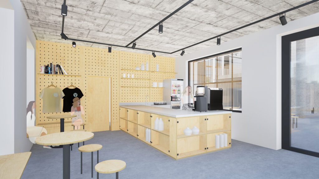 Architektonická vizualizace interiéru projektu Výměník KV, Karlovy Vary. Návrh od ateliéru orchitekti představuje minimalistický prostor, kterému dominuje obslužný pult a multifunkční stěna ze světlé perforované překližky. Dřevěný obklad ostře kontrastuje se surovým stropem z pohledového betonu, litou podlahou a černým lištovým osvětlením.