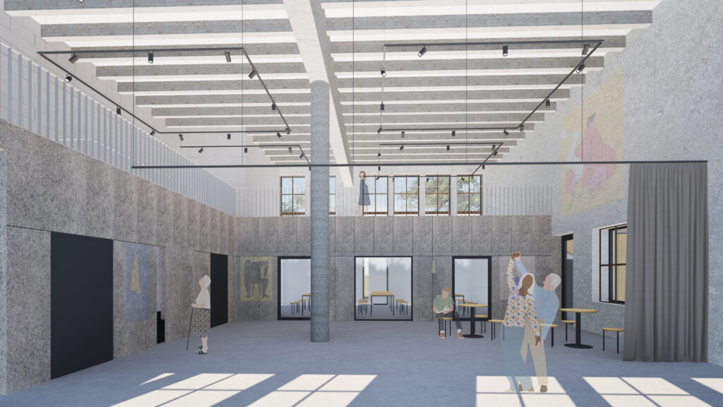 Architektonická vizualizace interiéru projektu Výměník KV, Karlovy Vary. Návrh od ateliéru orchitekti ukazuje velkorysý převýšený prostor s ochozem. Průmyslový charakter interiéru tvoří odhalený žebírkový betonový strop, masivní centrální sloup a strukturovaný šedý obklad stěn. Čistý dojem dotváří kontrastní černé lištové osvětlení a tmavé rámy.